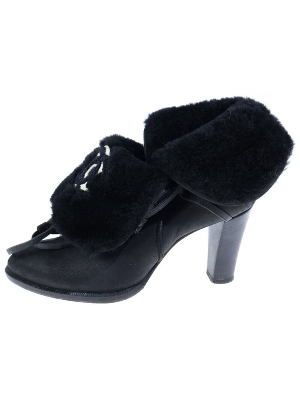 Chanel CC Logo Boots CC Fur Paneled Leather Heels Black